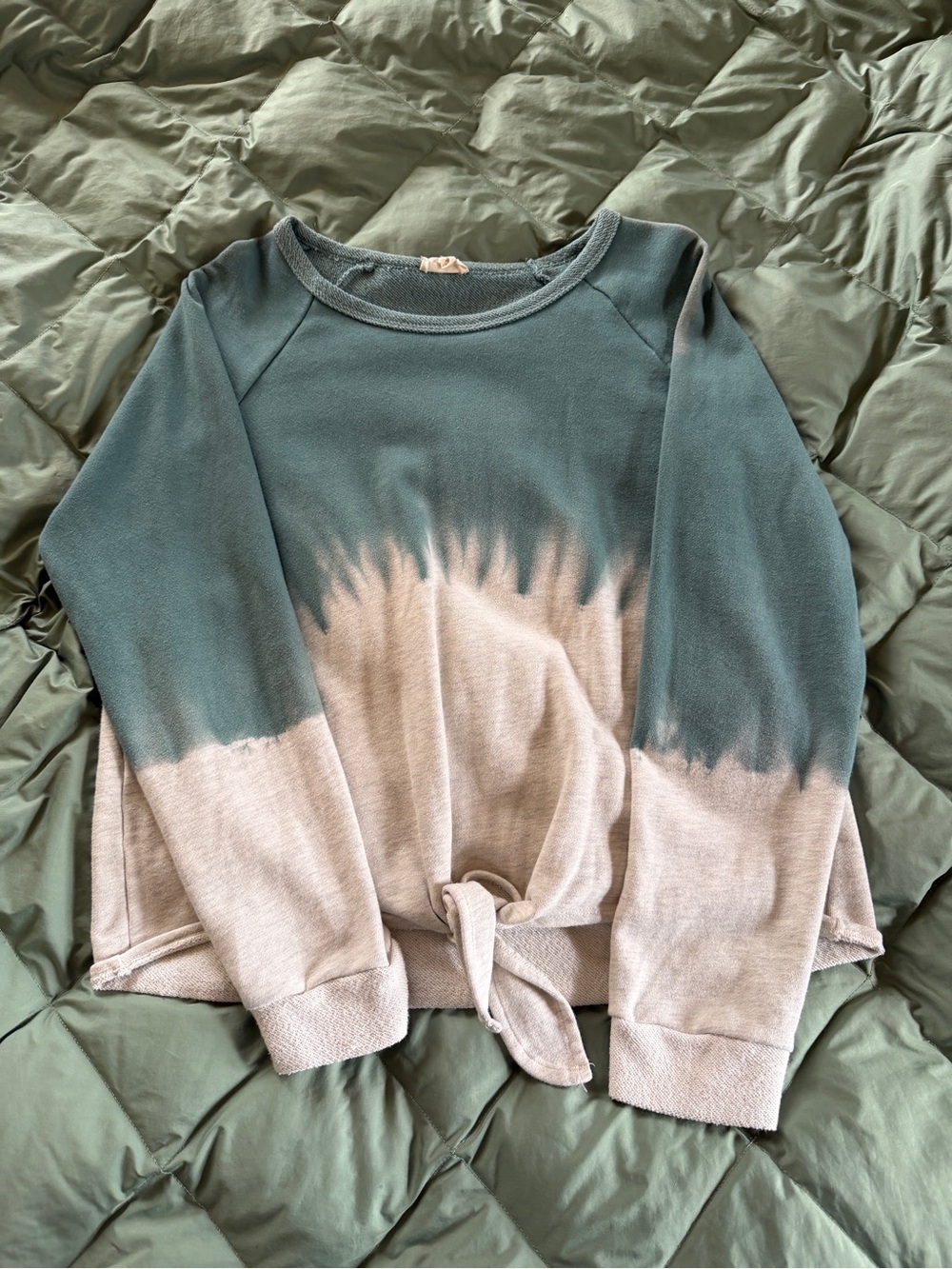 Hem & Thread Teal and Beige Tie-Dye Tie-Front Sweatshirt